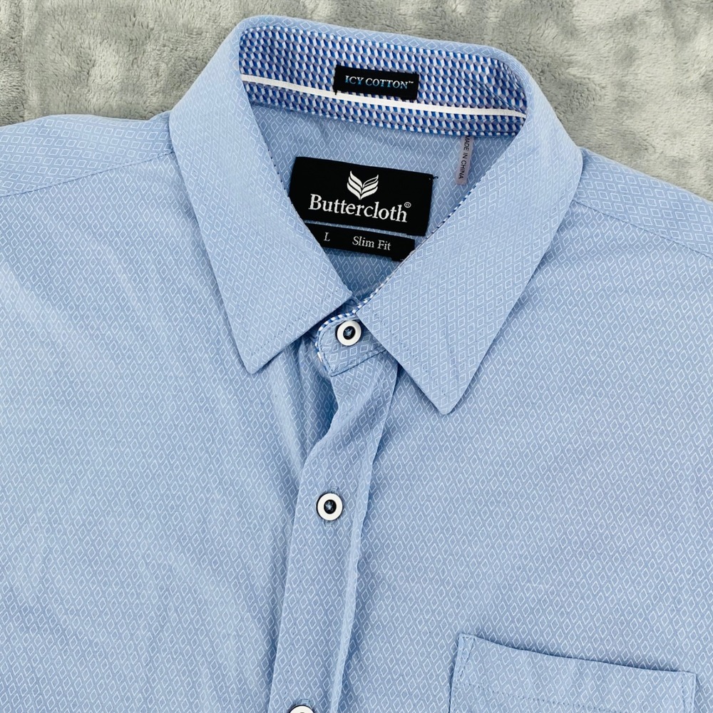 Buttercloth Icy Cotton Shirt Mens Large Slim Fit Blue Geometric Button Up